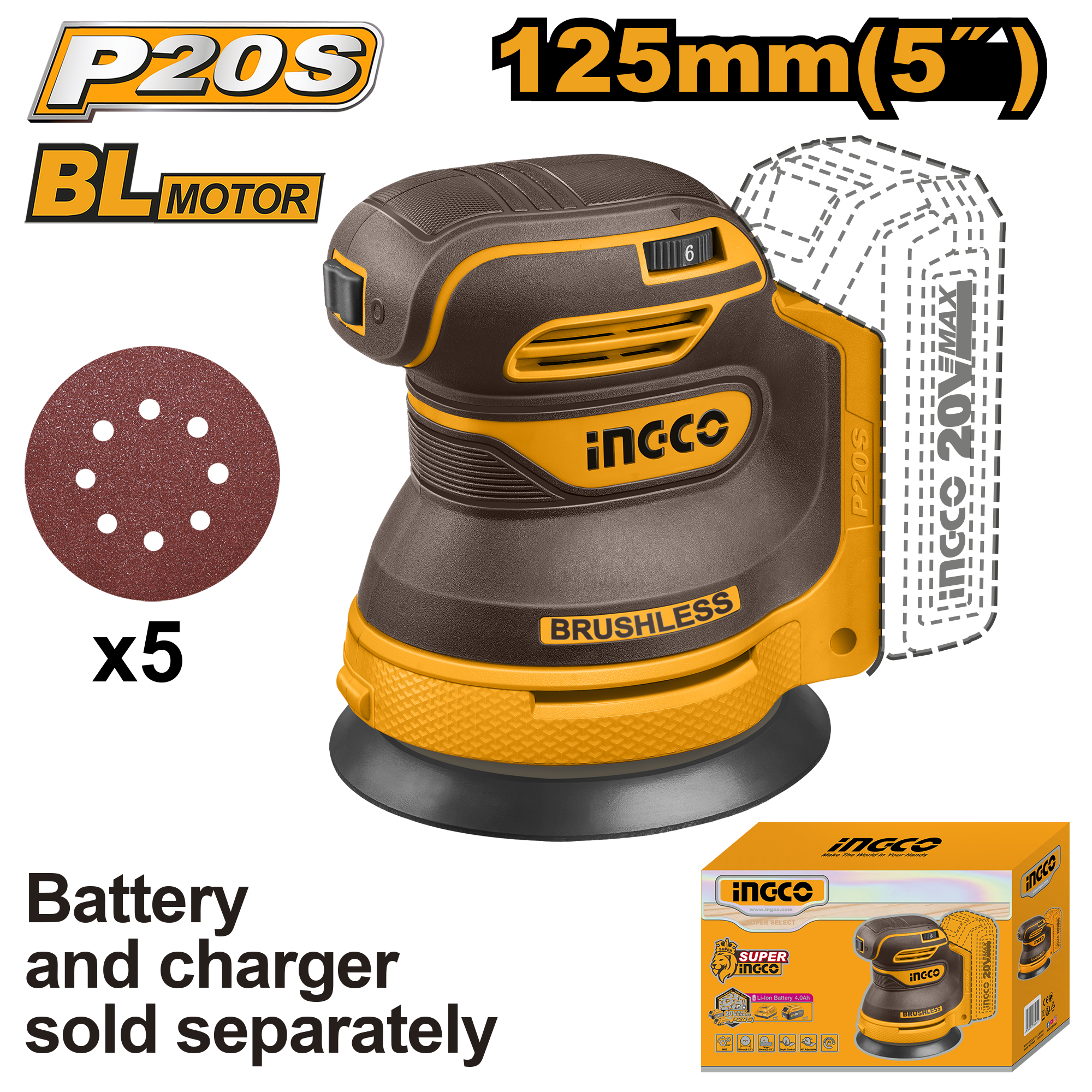 Ingco Orbitakl Sander 20V (Ex Bat&Chrg)